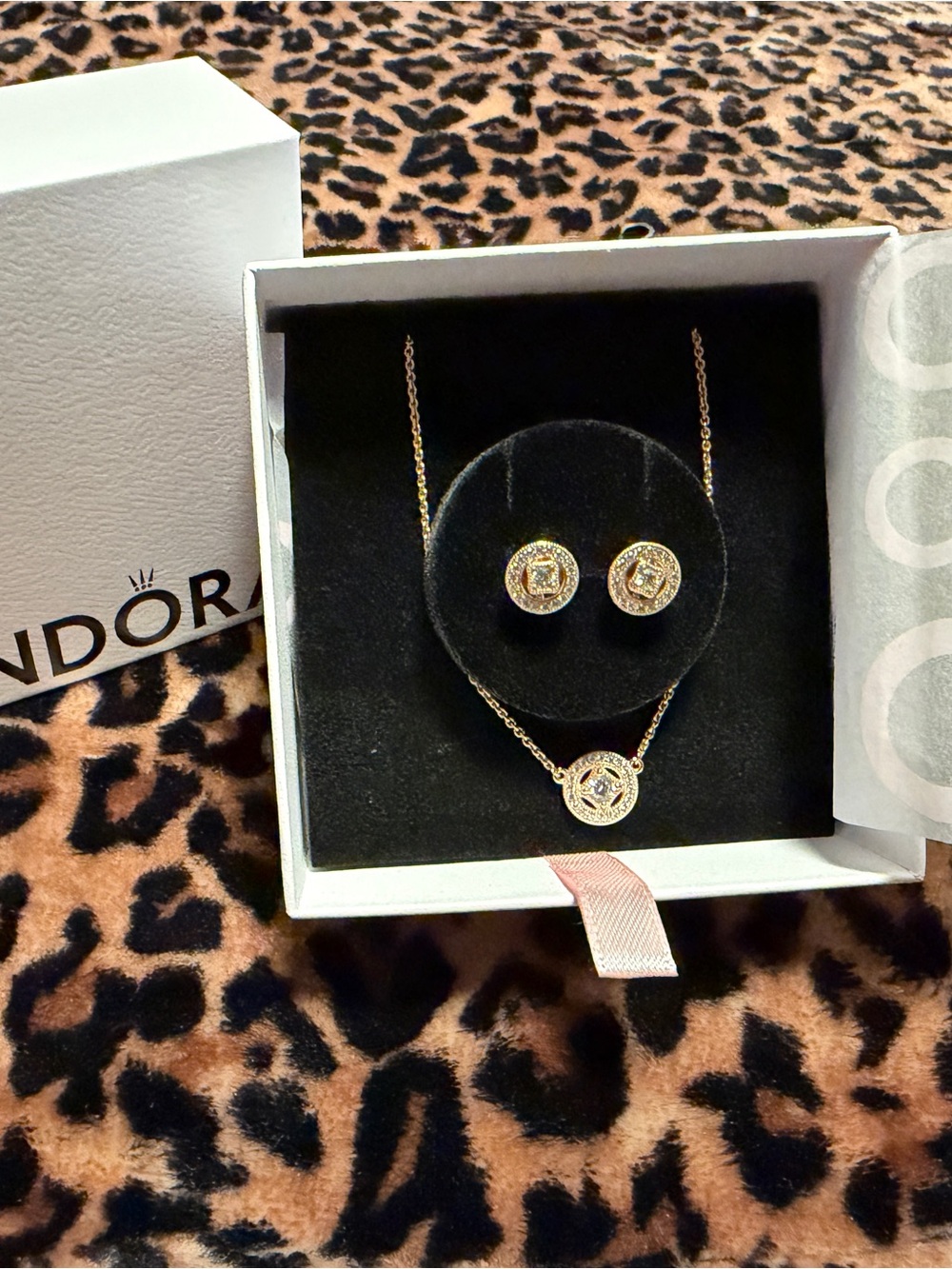 Pandora Rose Gold Necklace and Stud Earring Set with Clear Stones